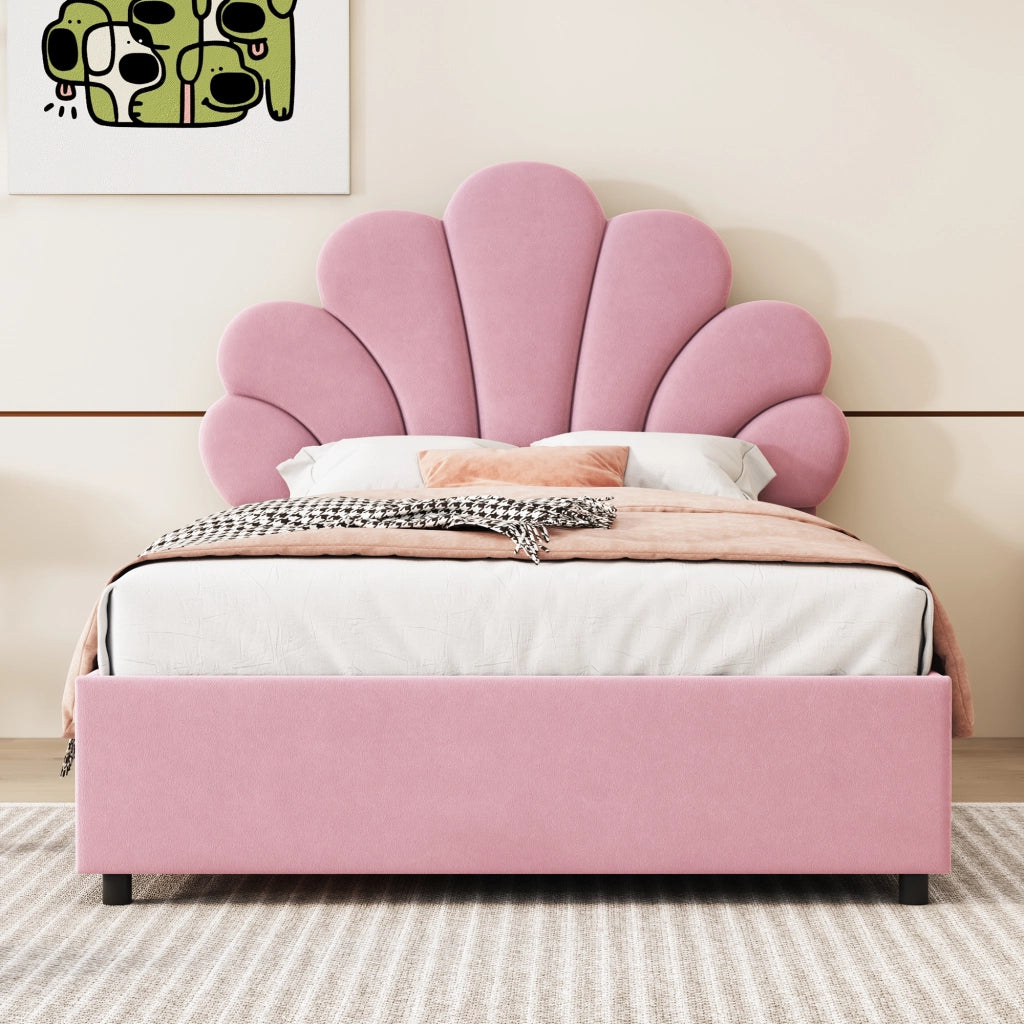 Letto contenitore 90 × 200 cm con testiera floreale imbottita in velluto rosa e rete a doghe