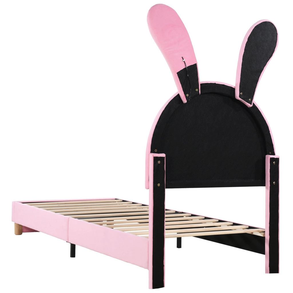 Letto singolo rosa 90x200 in velluto francese con vani contenitore; LED e orecchie pieghevoli