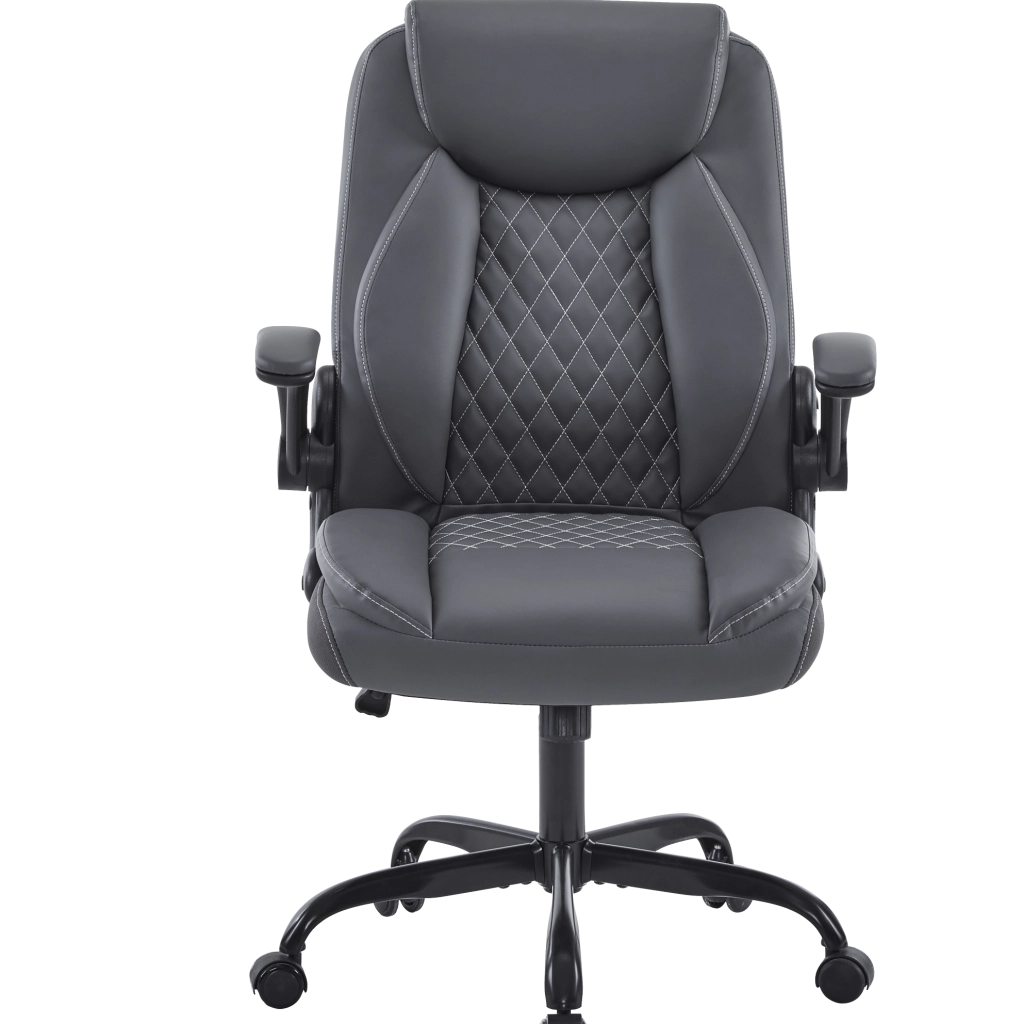 Sedia da ufficio ergonomica con supporto lombare e braccioli ribaltabili in similpelle grigia