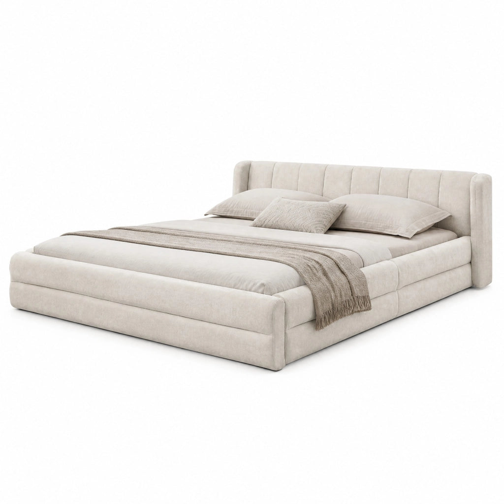 Letto 160x200 cm con testiera imbottita e rivestimento in tessuto ciniglia beige