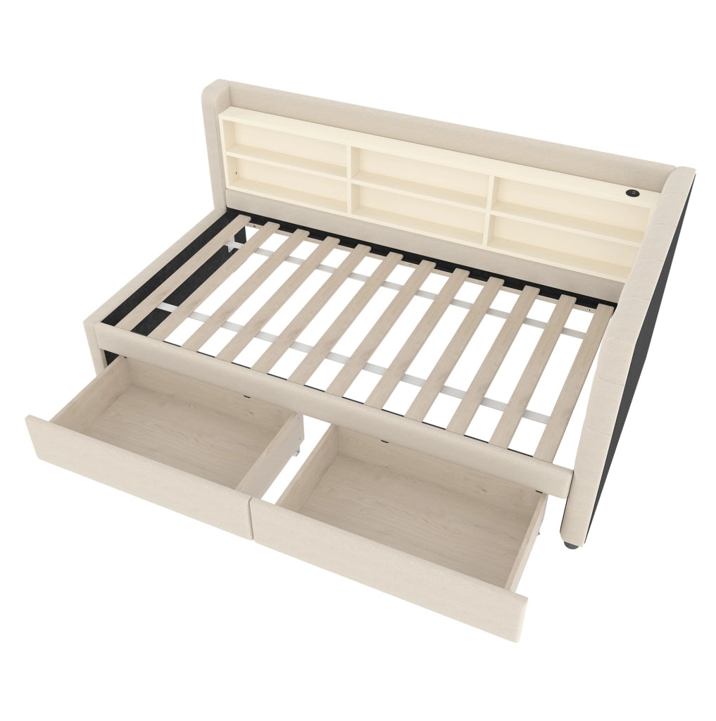 Letto 90x200 cm con 2 cassetti; USB e Tipo C in lino e MDF beige