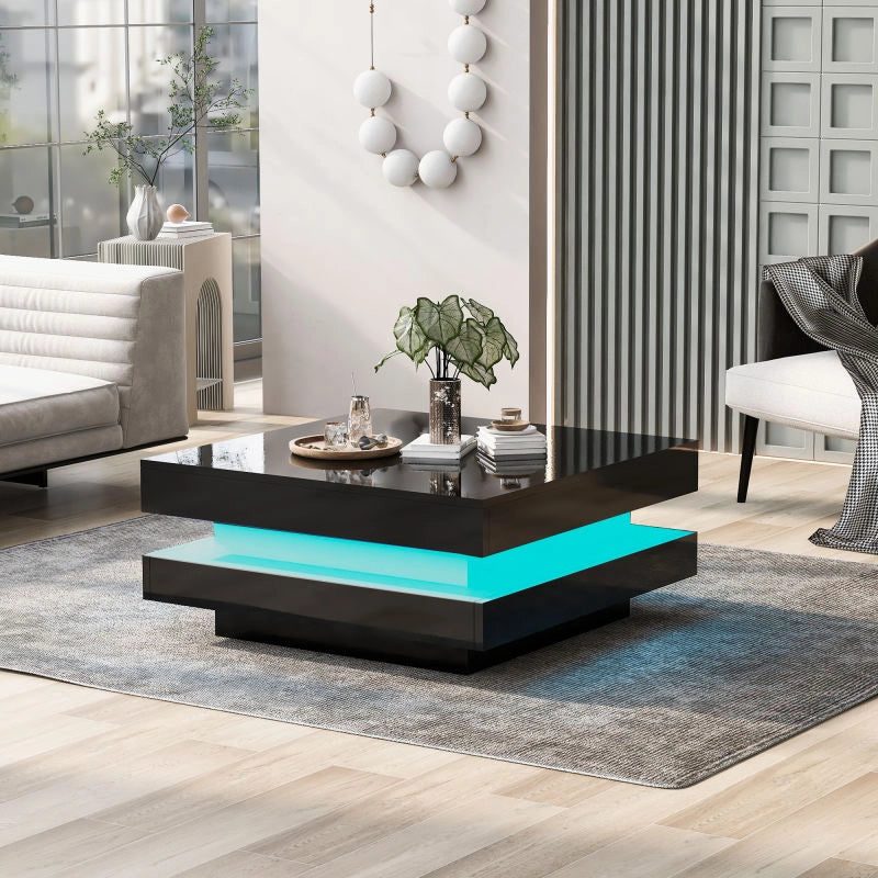 Desviae Tavolino basso quadrato con LED controllati tramite app Bluetooth in pannello truciolare nero 70 × 70 × 36 cm