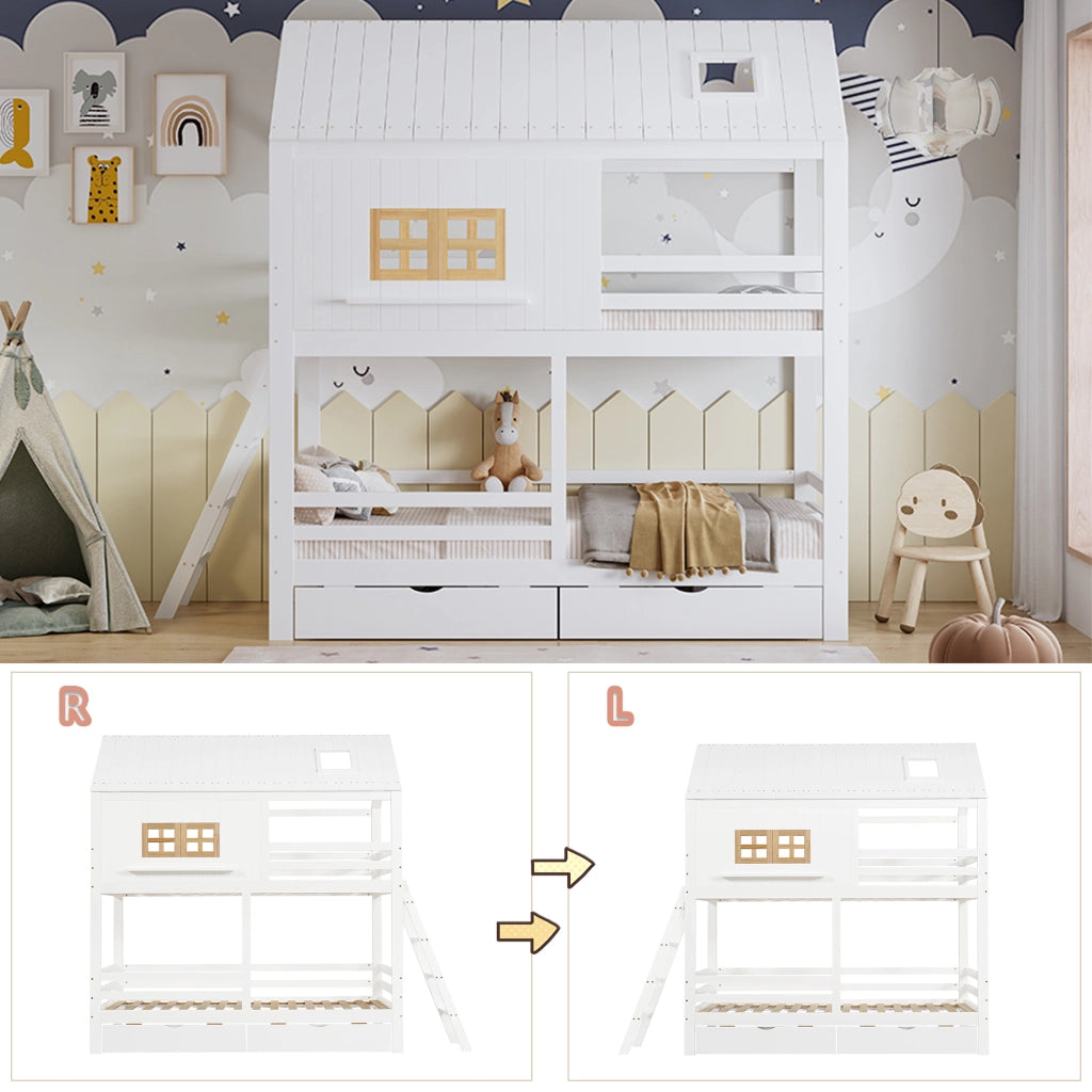 Letto a castello per bambini 90x200 cm a casetta con tetto e finestre; pino e MDF; bianco e legno naturale