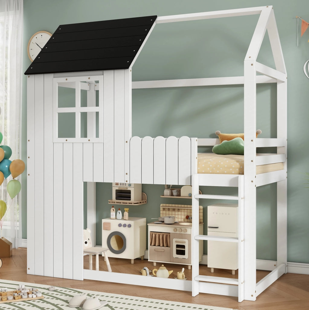 Letto a soppalco per bambini con forma casa e scala a 3 gradini