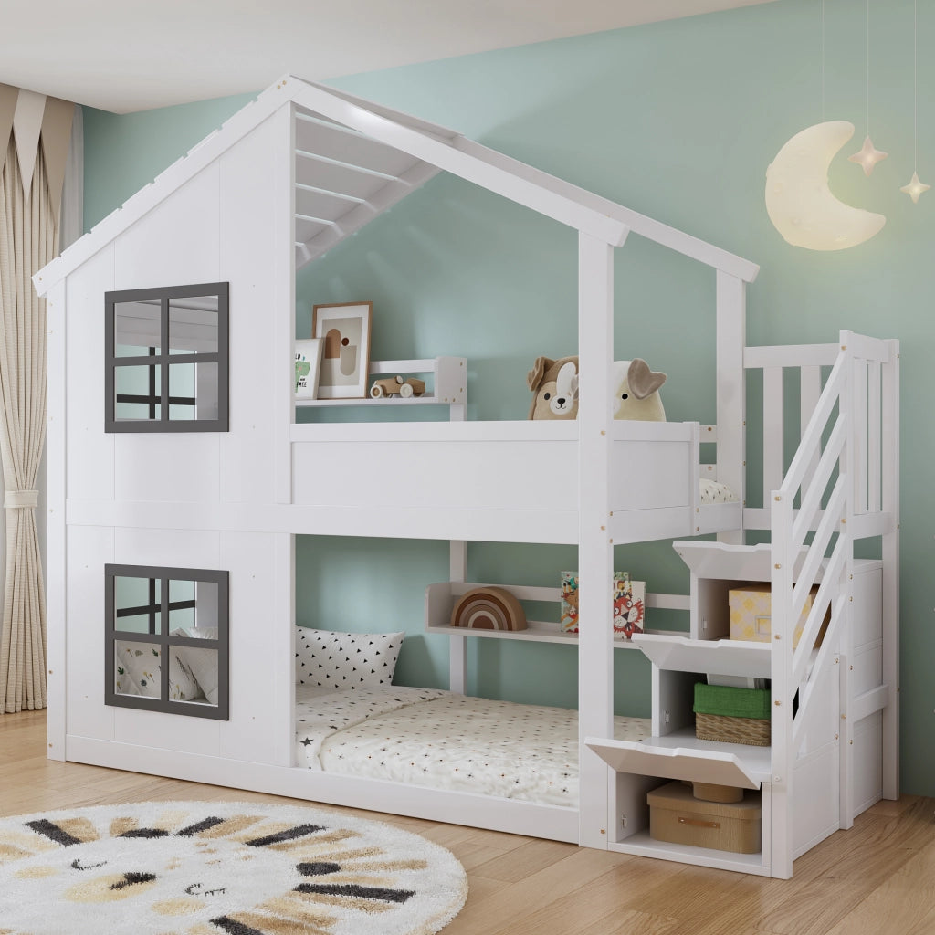 Letto a castello per bambini 90x200 cm bianco e grigio in pino e MDF con tetto; finestre e scala contenitore