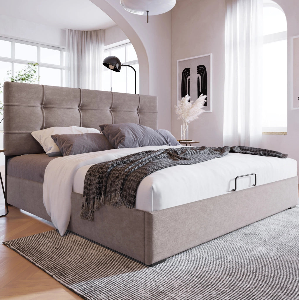 Letto contenitore matrimoniale 140x200 cm in velluto grigio chiaro, senza materasso