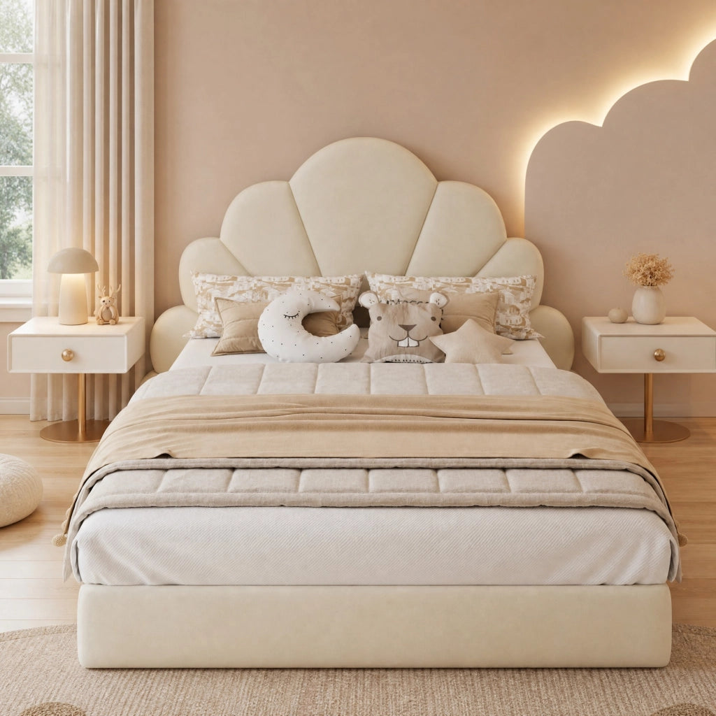 LETTO Imbottito 140x200 cm Beige in Velluto con testiera floreale