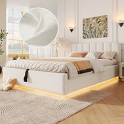 Letto matrimoniale imbottito 140x200 cm, beige chenille, testiera imbottita, rete a doghe, sollevamento idraulico, striscia LED. Senza materasso