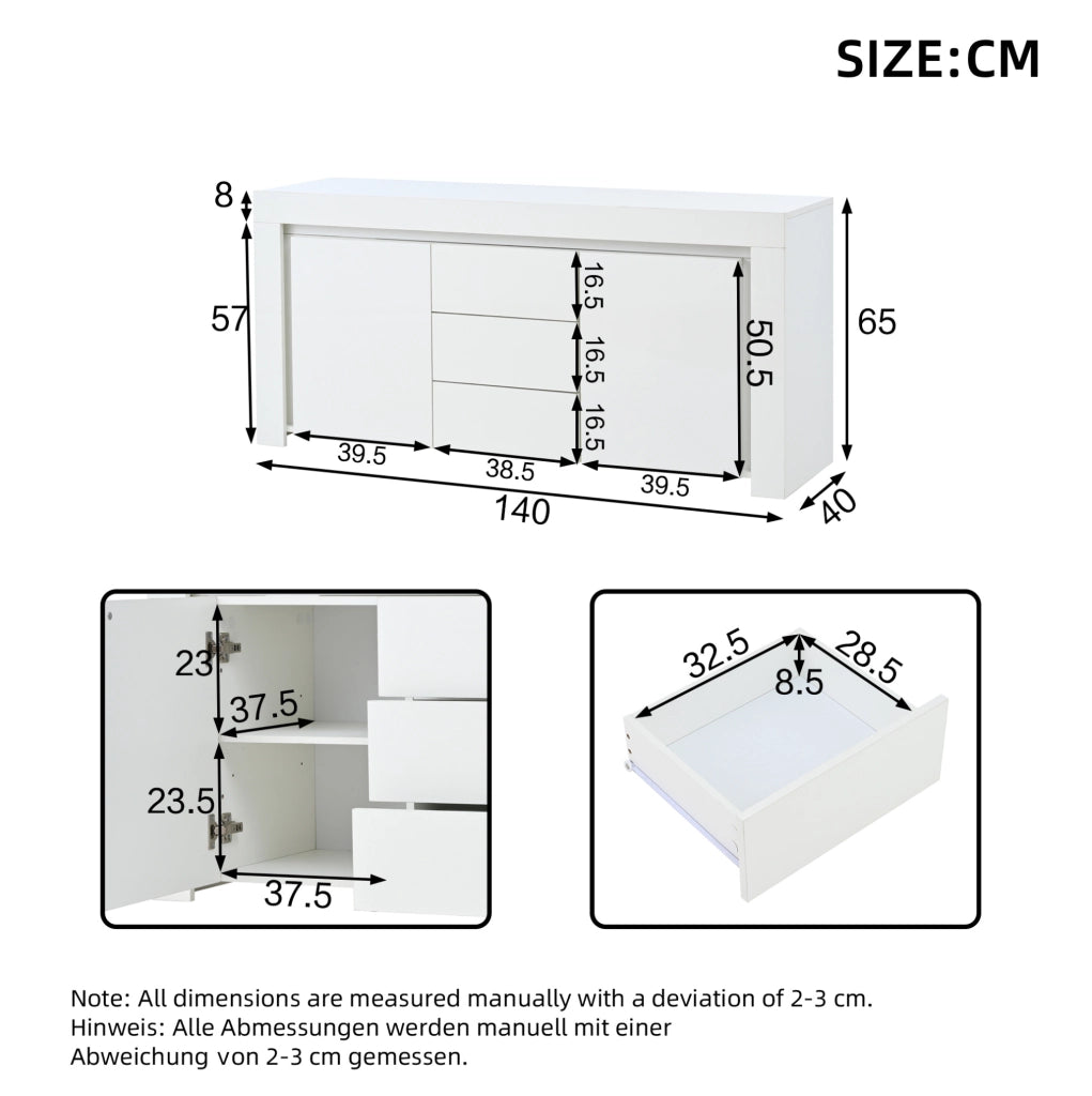 Credenza bianca lucida con 2 ante, 3 cassetti e LED