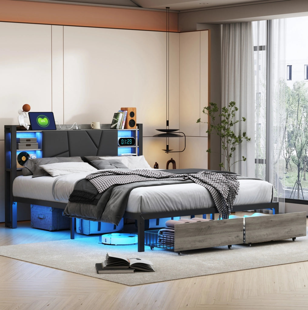 Letto 140x200 cm con LED, USB, 2 cassetti e struttura in ferro nero