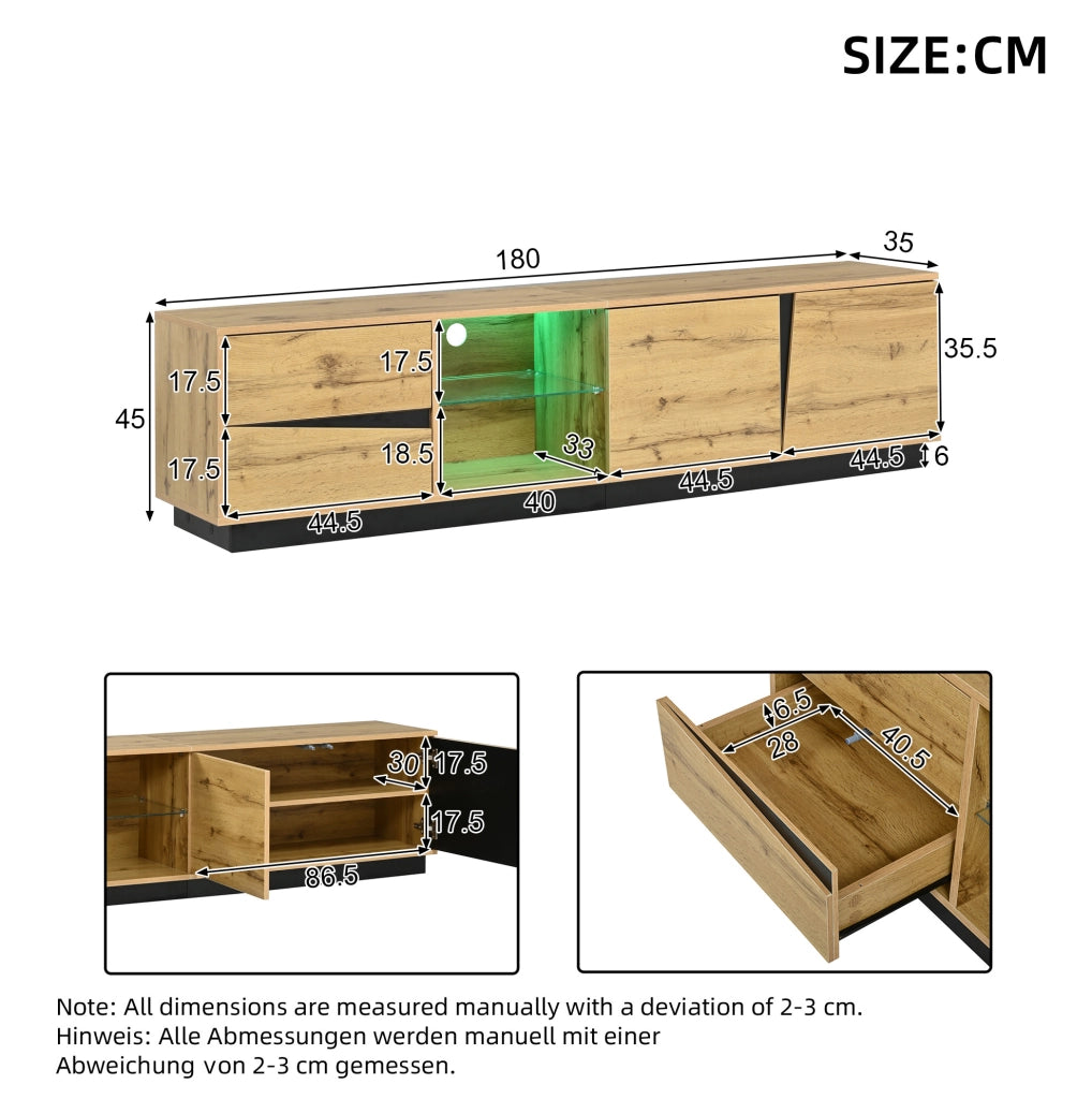 Mobile TV 180x35x45 cm con LED, 2 cassetti e 2 ante in MDF naturale e nero