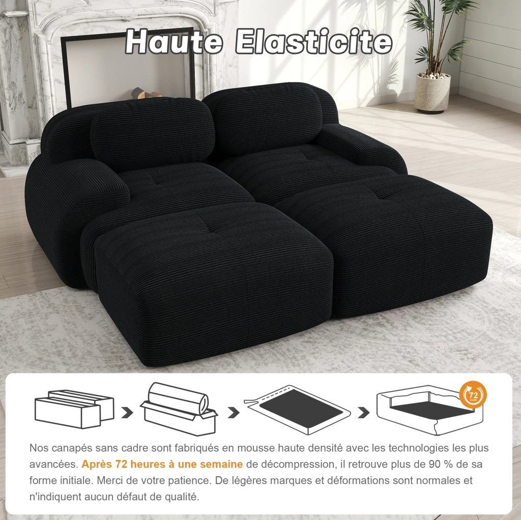 Divano angolare modulare 4 posti con rivestimento in velluto a coste nero, schiuma ad alta densità 32D, senza telaio, con chaise longue e braccioli extra larghi