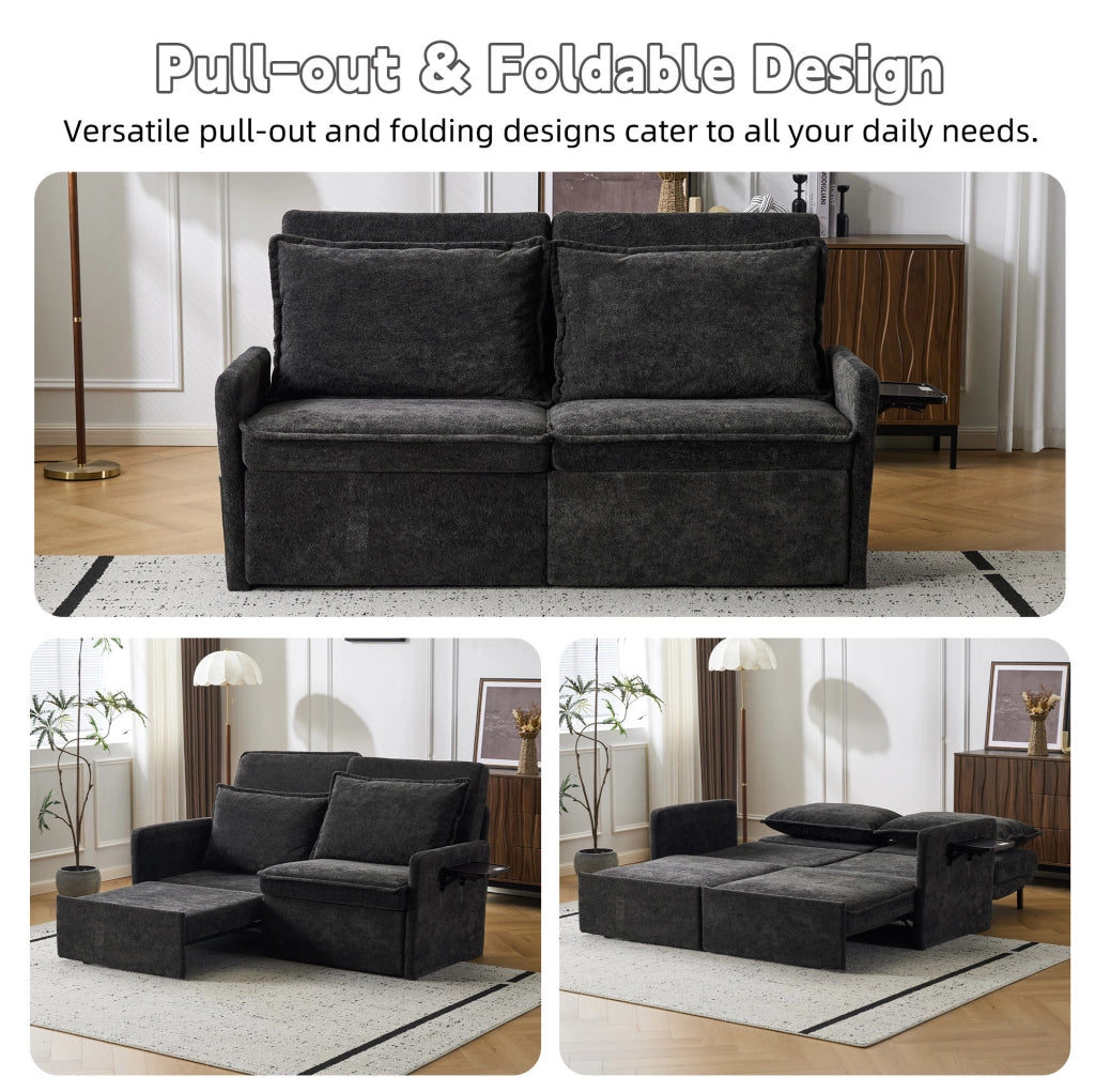 Divano letto pieghevole nero in chenille con schienale regolabile a 5 livelli e porta USB integrata