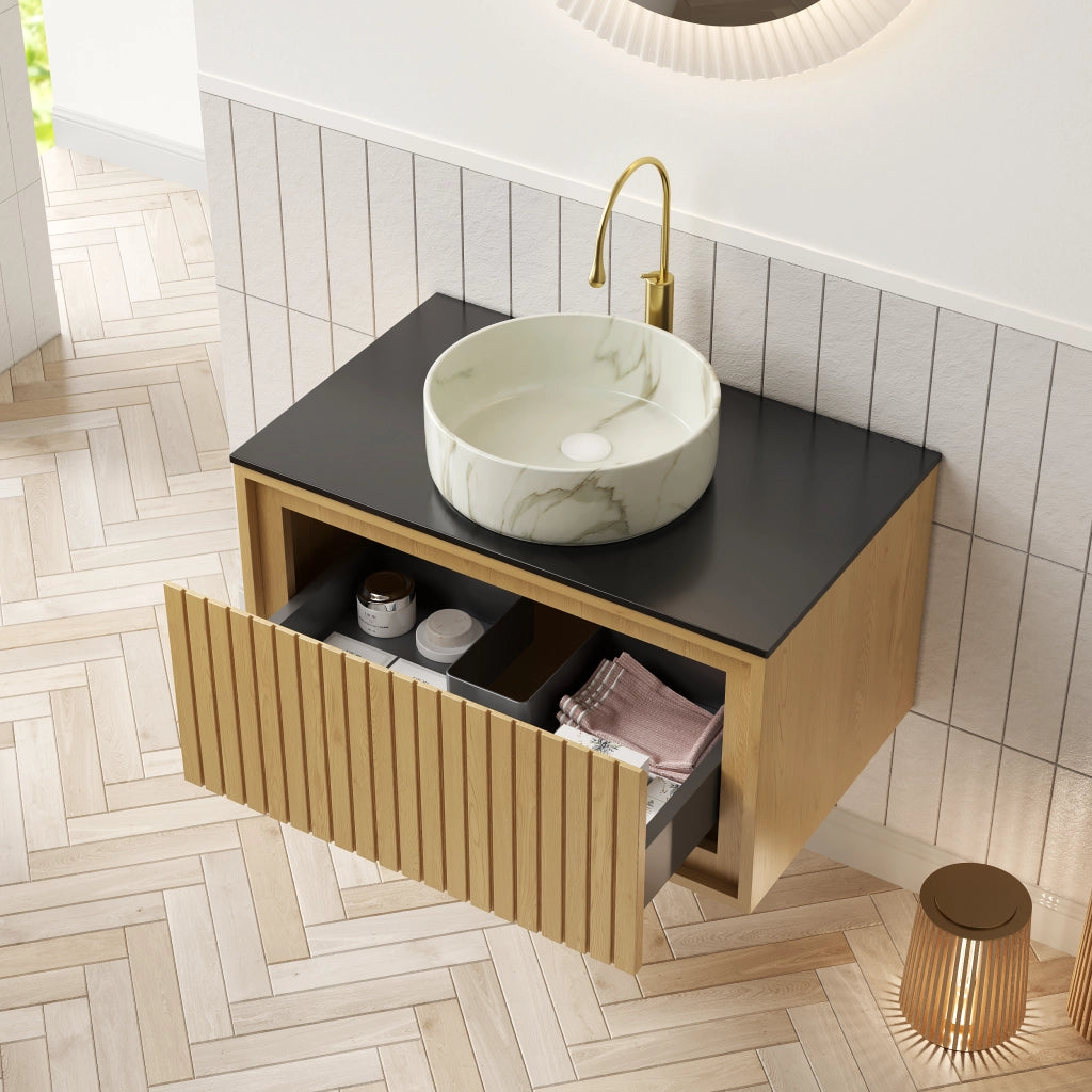 Mobiletto con lavabo sospeso con cassetto e piano in pietra sinterizzata nero 76 × 48 × 53.1 cm