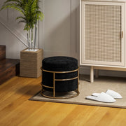 Pouf contenitore imbottito in velluto nero con struttura in metallo dorato, Ø42x39 cm