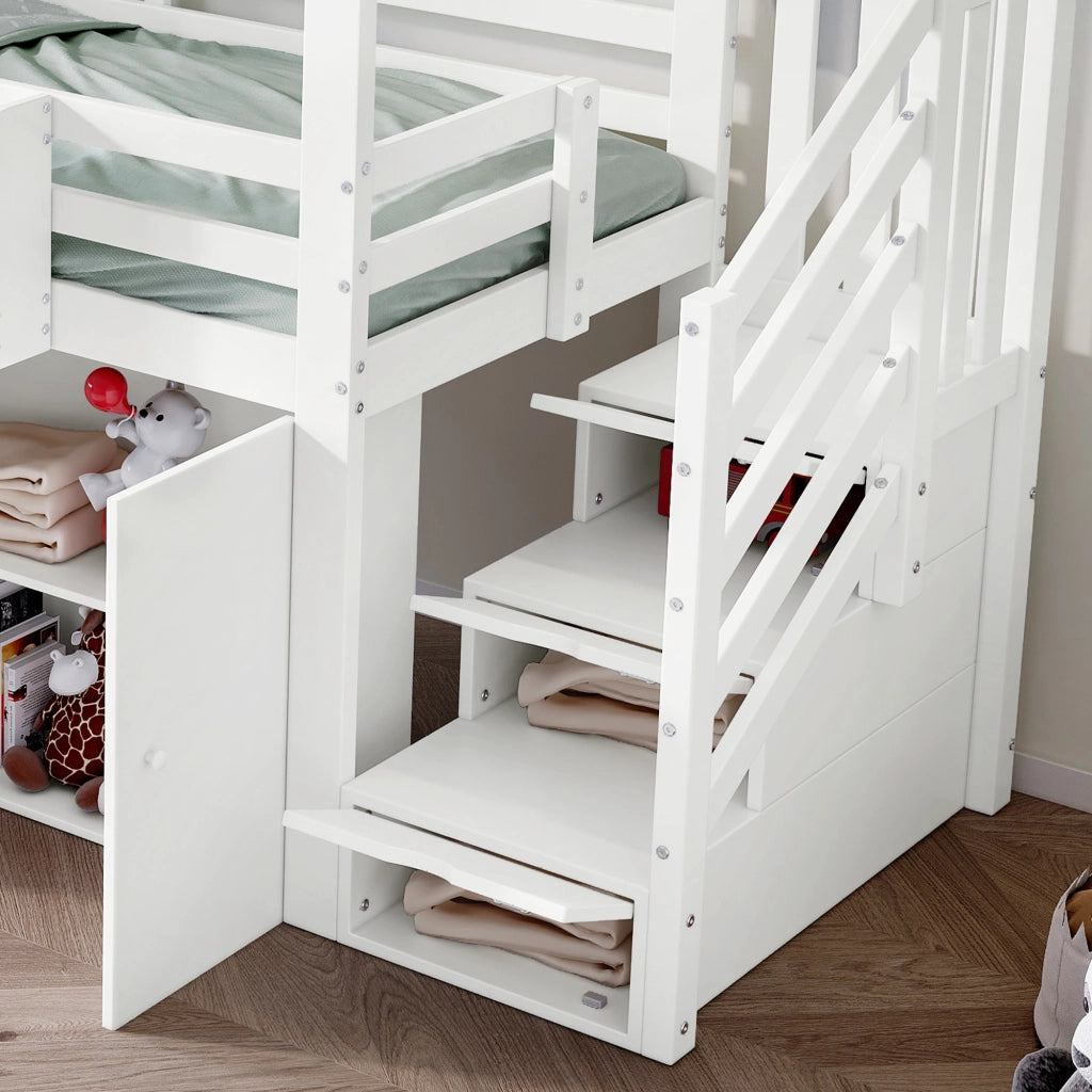 Letto a soppalco per bambini 90 × 200 cm 1 posto con armadio, 5 vani, scala e barriera, senza materasso, bianco e verde