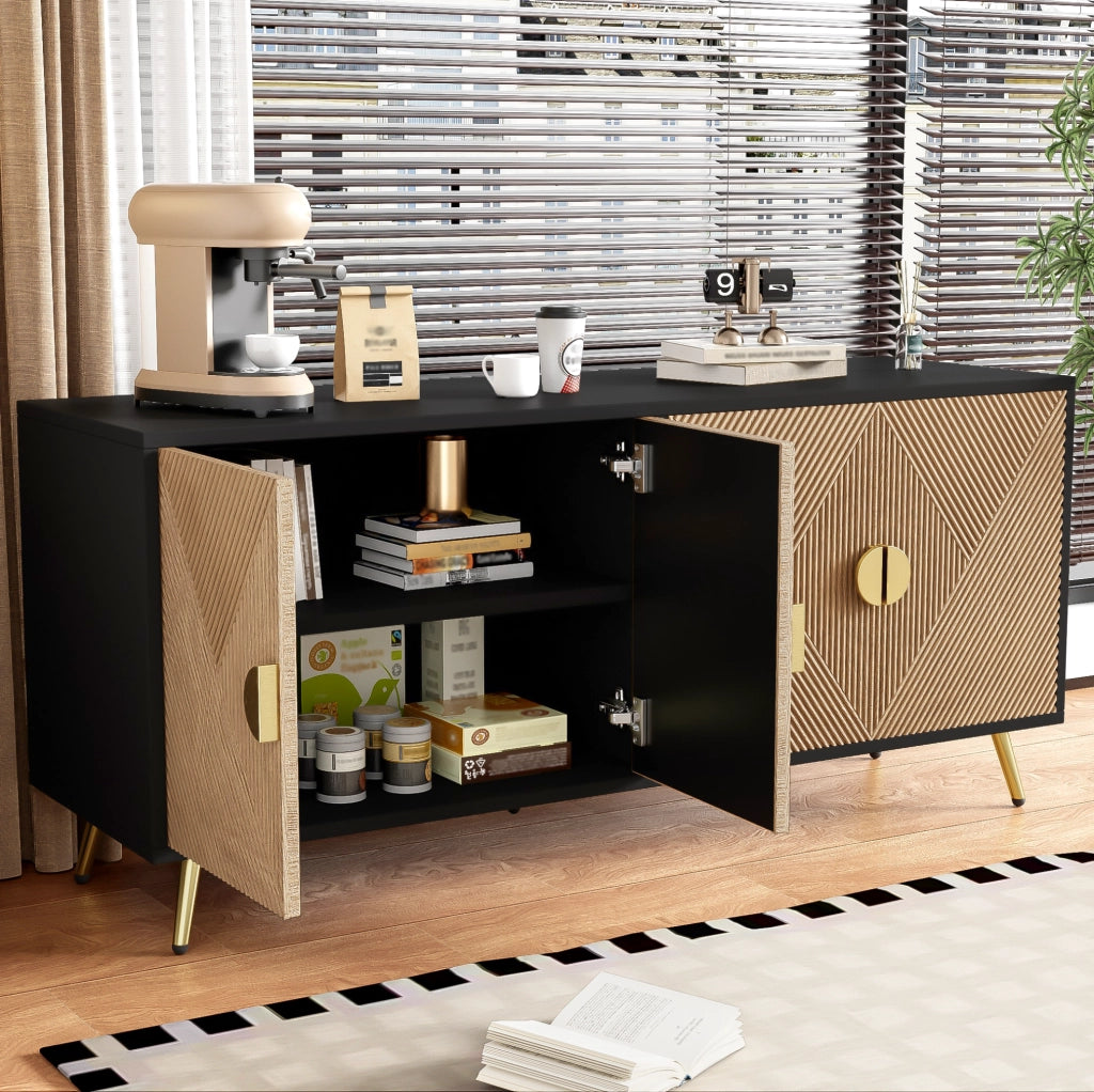 Credenza 160 cm a 4 ante; maniglie oro spazzolato e gambe lucide; nero e legno