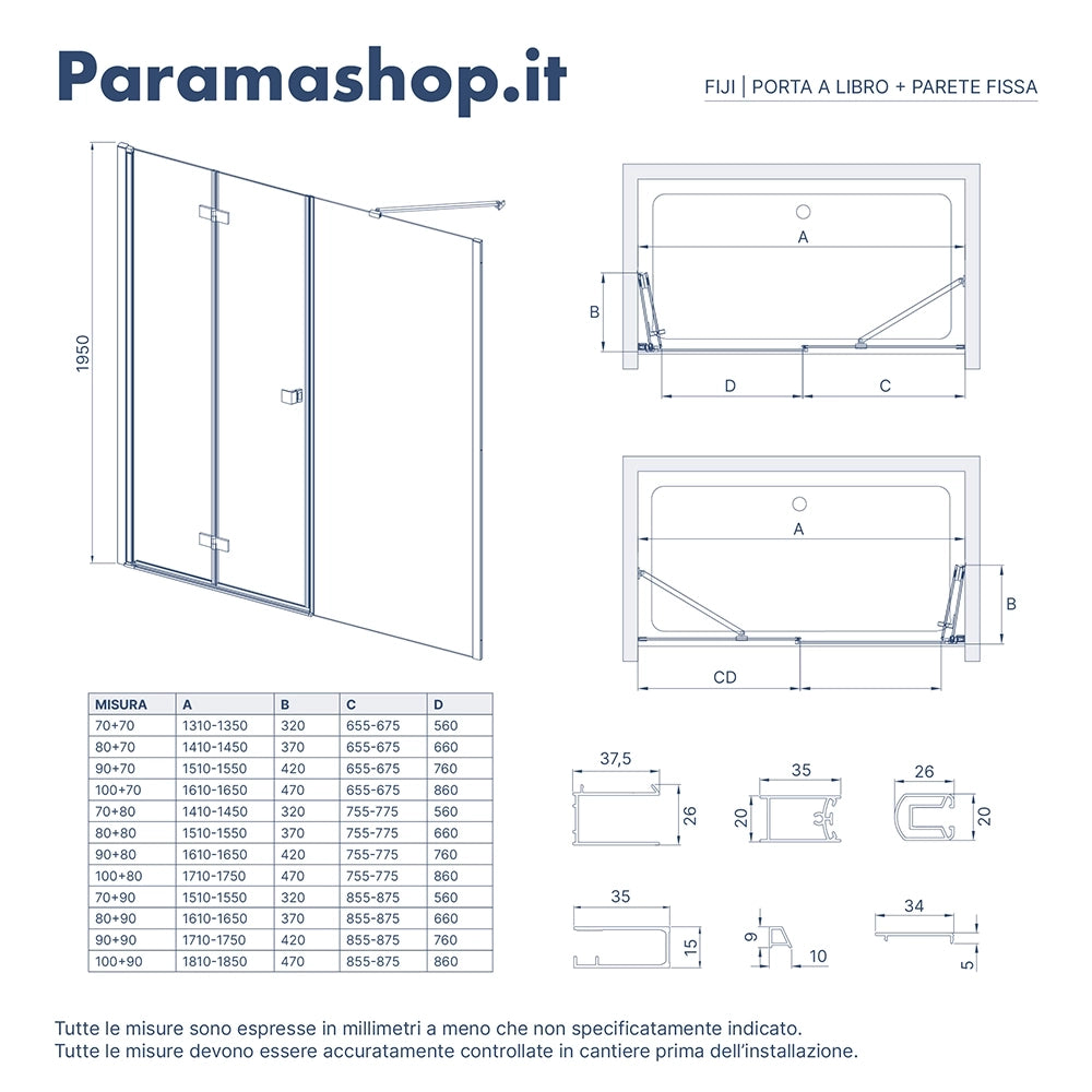 Porta doccia 141-145cm profili in alluminio nero opaco apertura libro a sinistra con parete fissa vetro 8mm trasparente h195 | Fiji