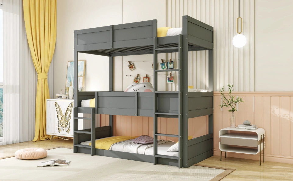 Letto a castello triplo in legno massiccio 90x200 cm con sponde alte, colore grigio