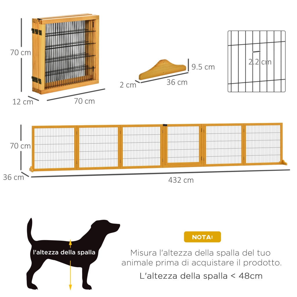 Recinto per Cani Pieghevole in Legno e Acciaio - Xylo - 6 Pannelli, 432x36x70cm