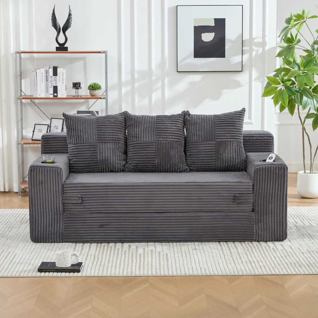Divano modulare a 2 posti in velluto a coste grigio con portabevande e tasche laterali 64 × 172 × 87 cm