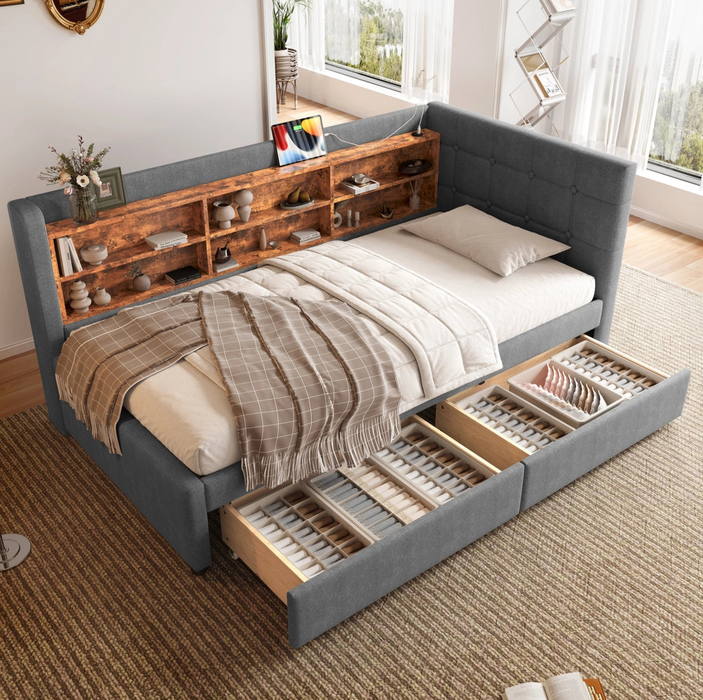 Letto singolo 90x200 cm grigio con 2 cassetti, USB, Type-C e ripiani
