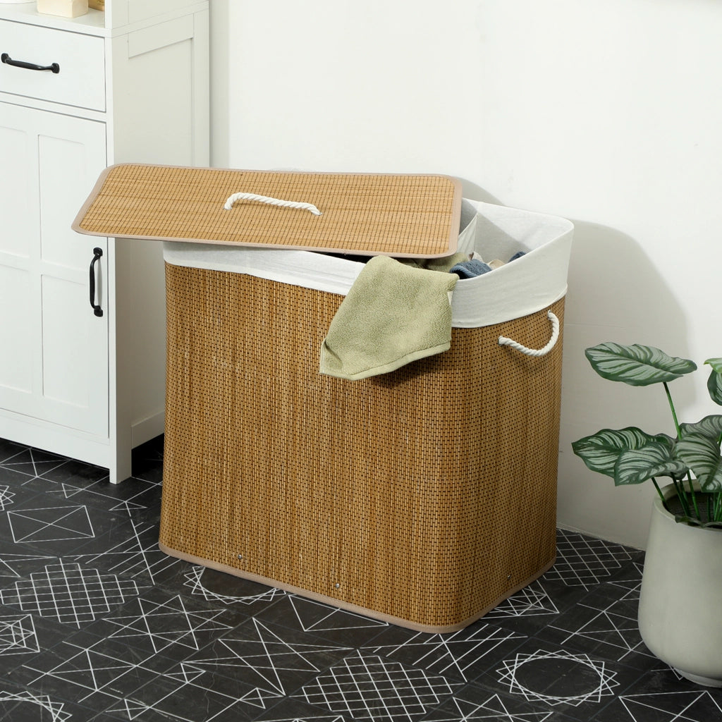 Cestino Lavanderia 144L Bamb¨´ con 3 Scomparti e Maniglia ¨C Minimal ¨C 60x40x60 cm Marrone