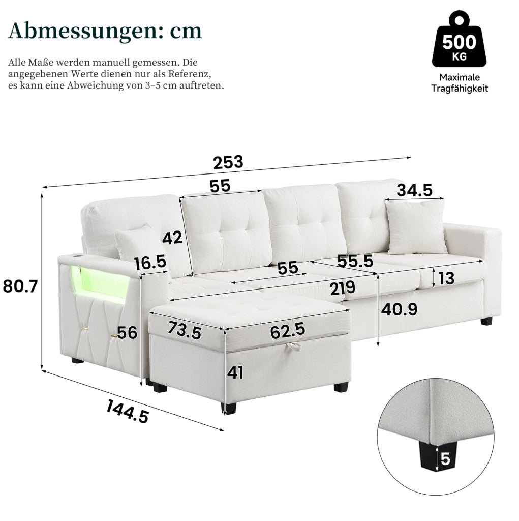Divano modulare angolare 4 posti 253 cm con pouf contenitore e LED in tessuto di lino beige