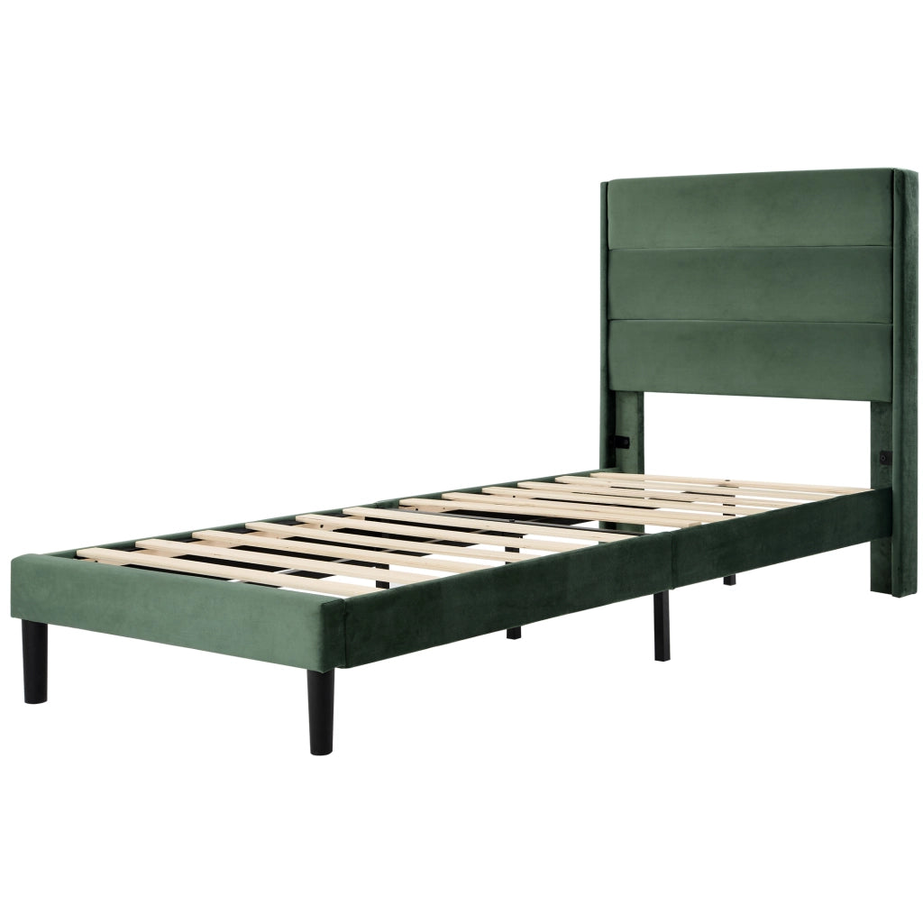 Letto imbottito 90x200 cm con rete a doghe e testiera in velluto verde scuro