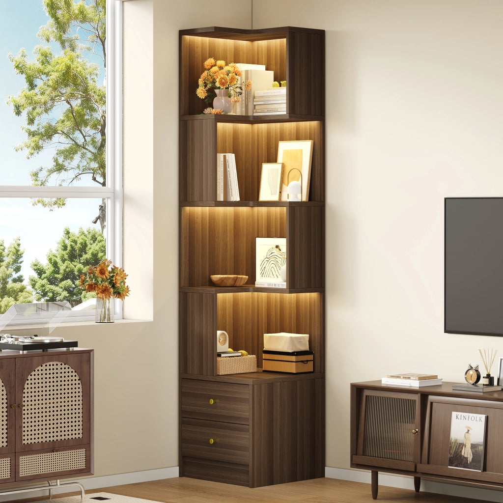 Libreria angolare a L con 4 ripiani aperti e 2 cassetti LED controllati da app in MDF marrone 45 × 43.5 × 180 cm