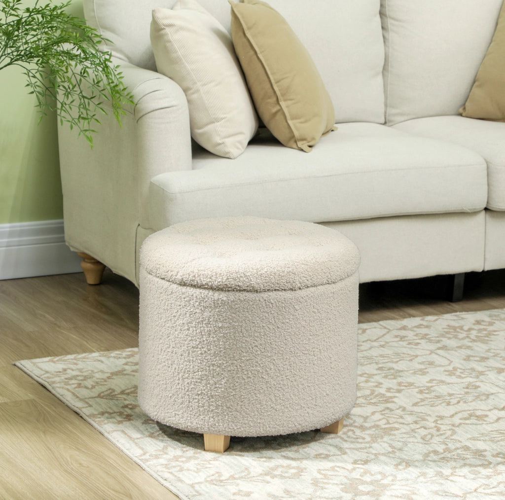 Panca rotonda con contenitore e rivestimento in tessuto color crema, Ø45 x 41 cm, struttura in legno di pino