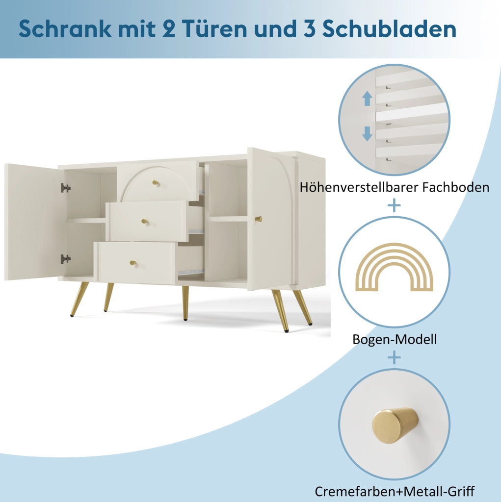 Credenza con 2 ante; 3 cassetti e ripiano regolabile; 140 x 40 x 84 cm; crema