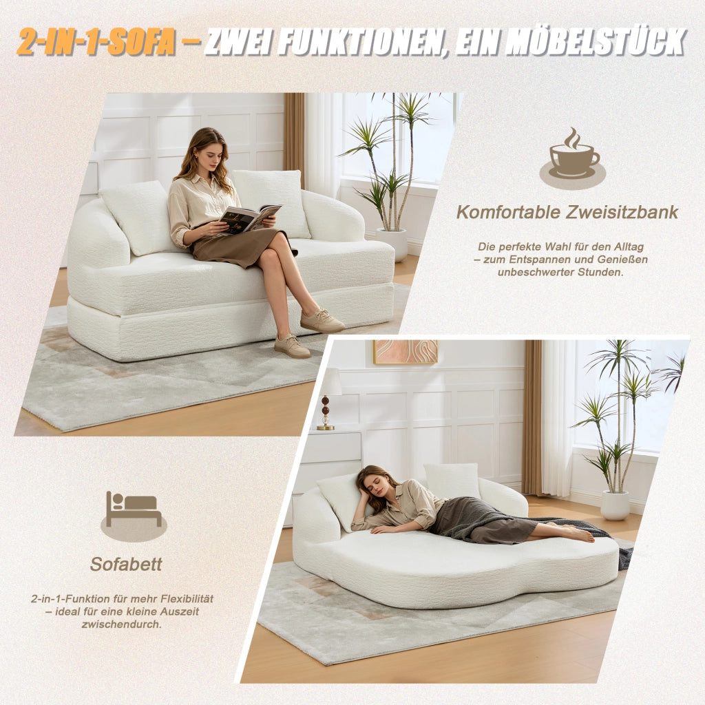 Divano letto 2 posti pieghevole con funzione letto e doppio schienale ergonomico in ciniglia beige 157×84×65 cm