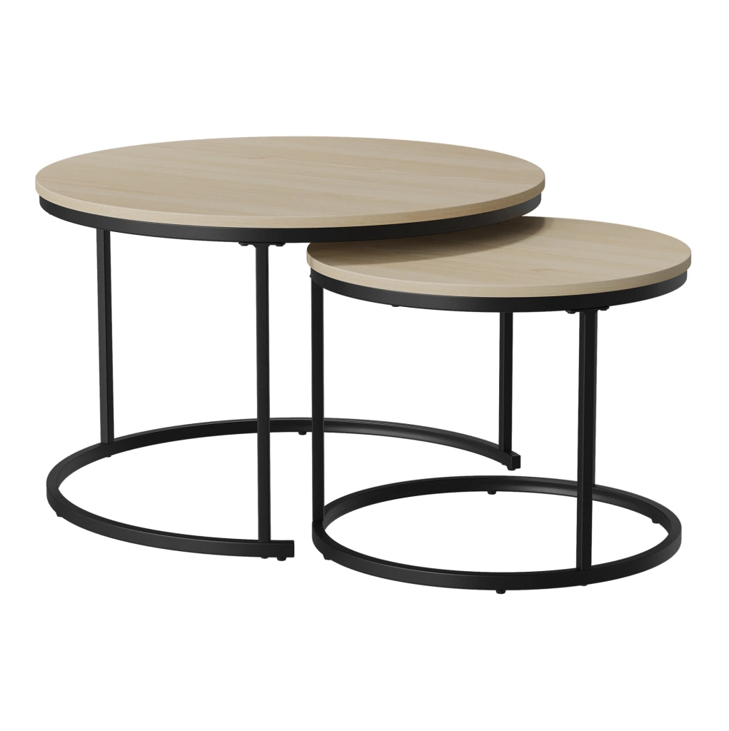 Set di 2 tavolini da salotto rotondi sovrapponibili; effetto rovere; ferro e truciolare