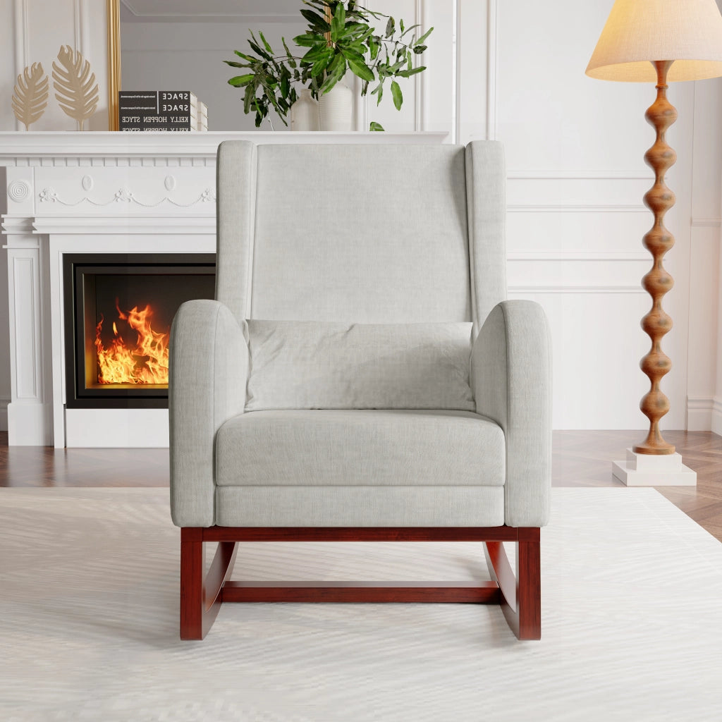 Sedia a dondolo; poltrona relax per soggiorno; poltrona da allattamento con cuscino lombare e tasche laterali; struttura in legno massiccio; Grigio