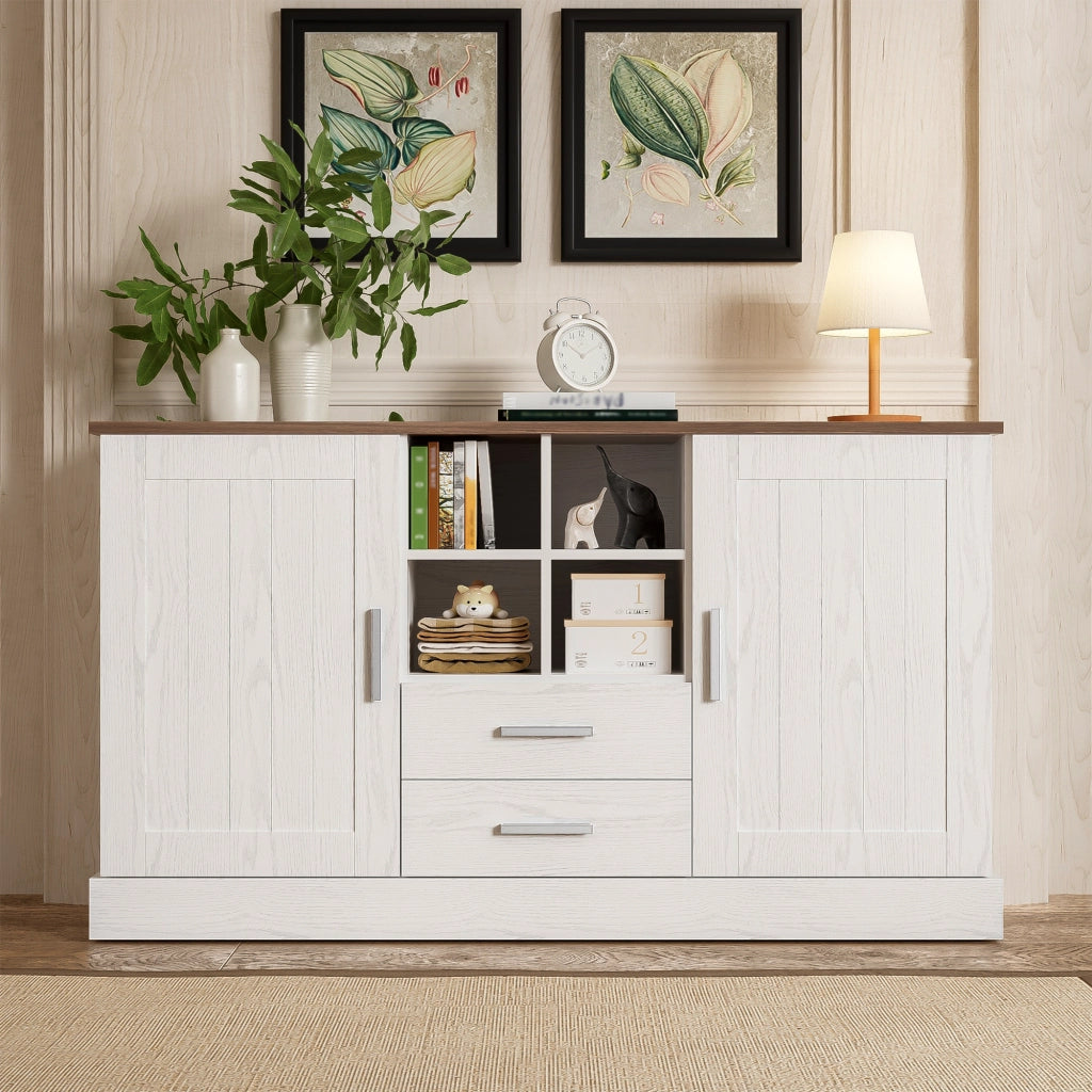 Credenza 140 x 40 x 79,5 cm, 2 ante + 2 cassetti + 4 nicchie, legno marrone e bianco, mobile cucina