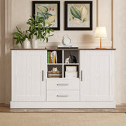 Credenza 140 x 40 x 79,5 cm, 2 ante + 2 cassetti + 4 nicchie, legno marrone e bianco, mobile cucina