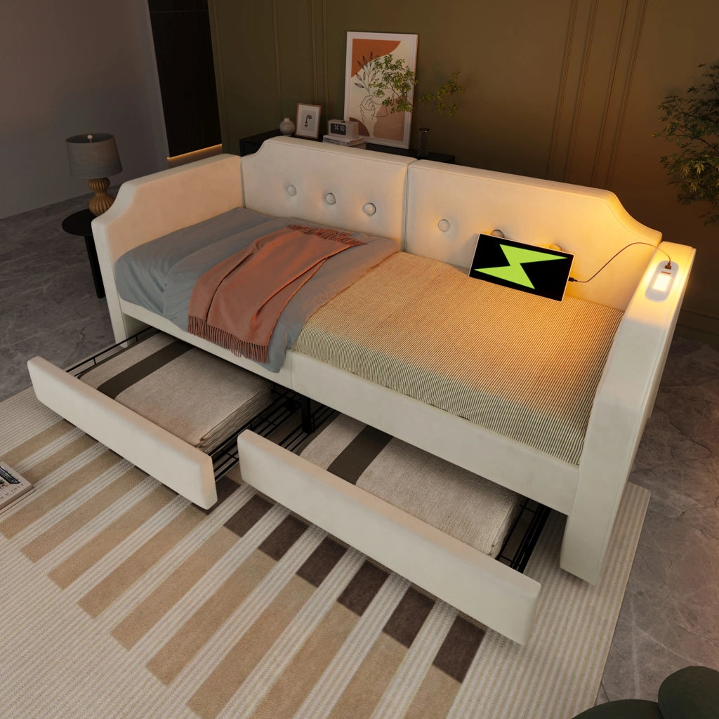 Letto con cassetti 90 × 200 cm con 2 cassetti; lampada da lettura; USB Type-C; velluto beige; rete a doghe