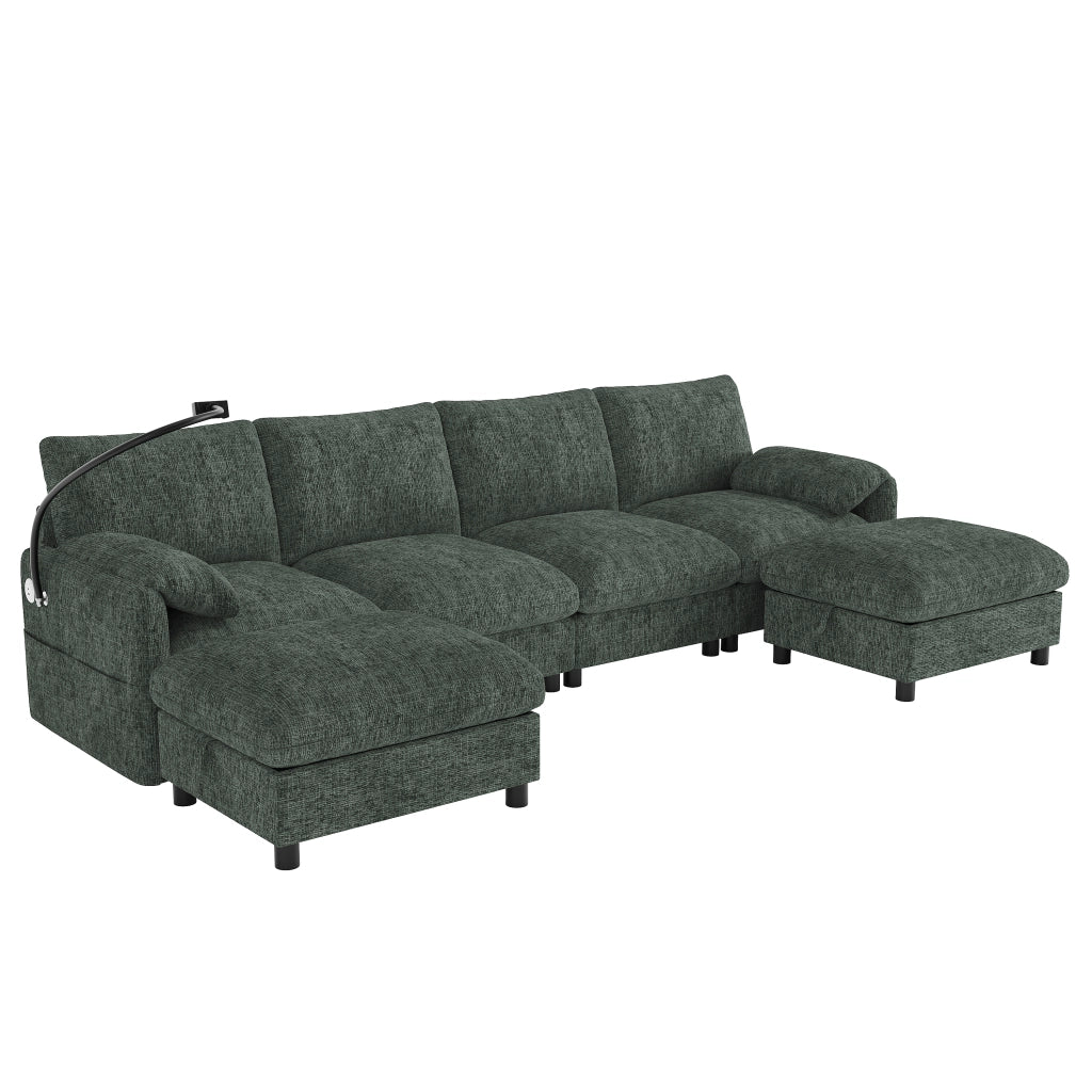 Divano modulare 6 posti a L/U con pouf contenitore; USB e Type-C; chenille verde