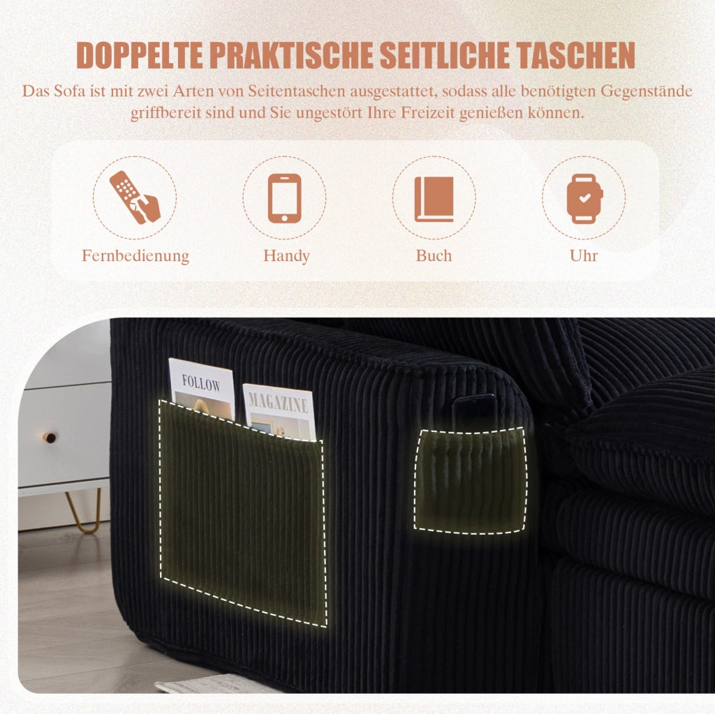 Divano modulare a 3 posti in velluto a coste con pouf; cuscini e tasche laterali; nero