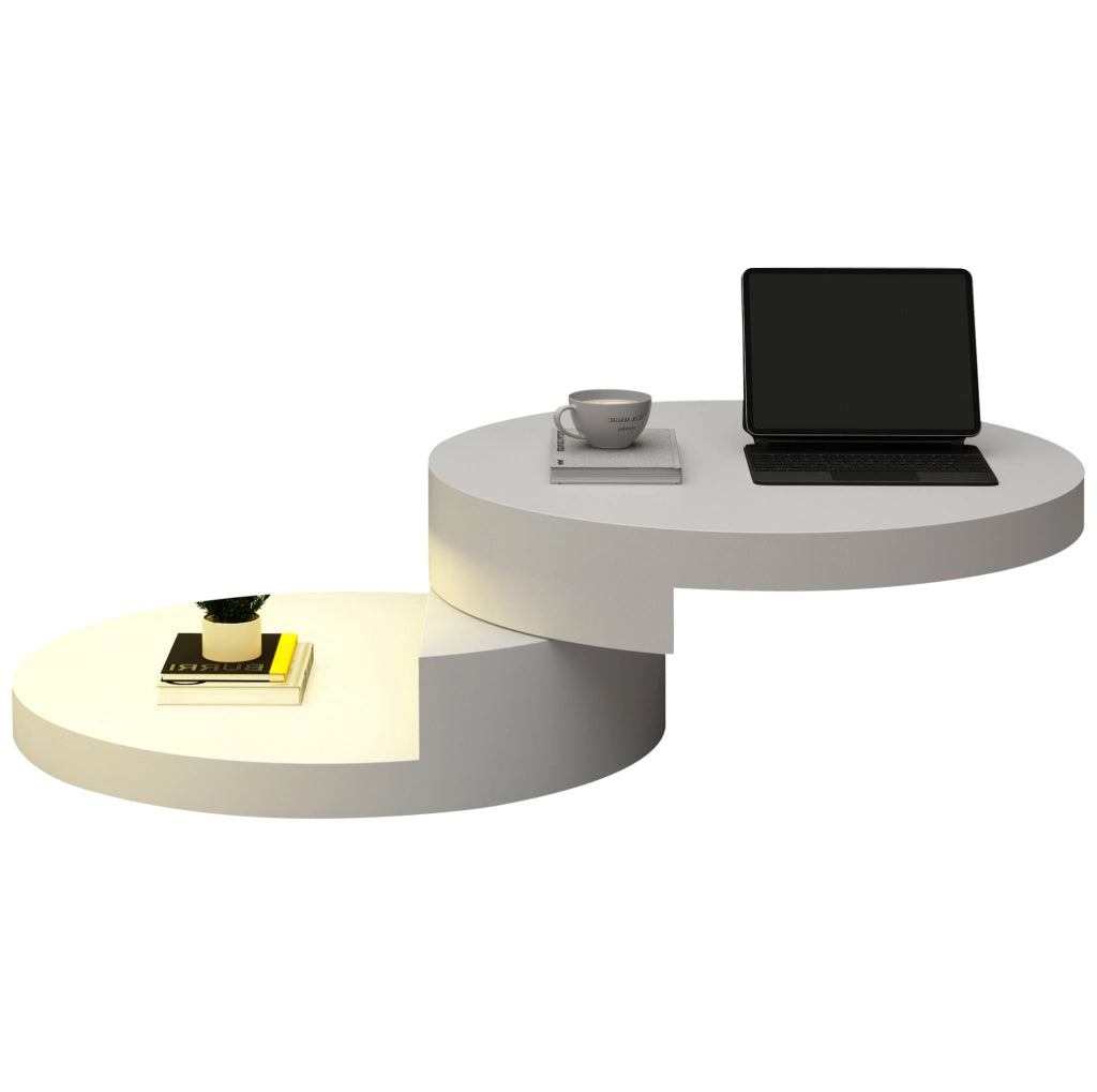 Tavolino da salotto rotondo Ø70 cm con piano girevole 360° e LED bianco HOMVRA