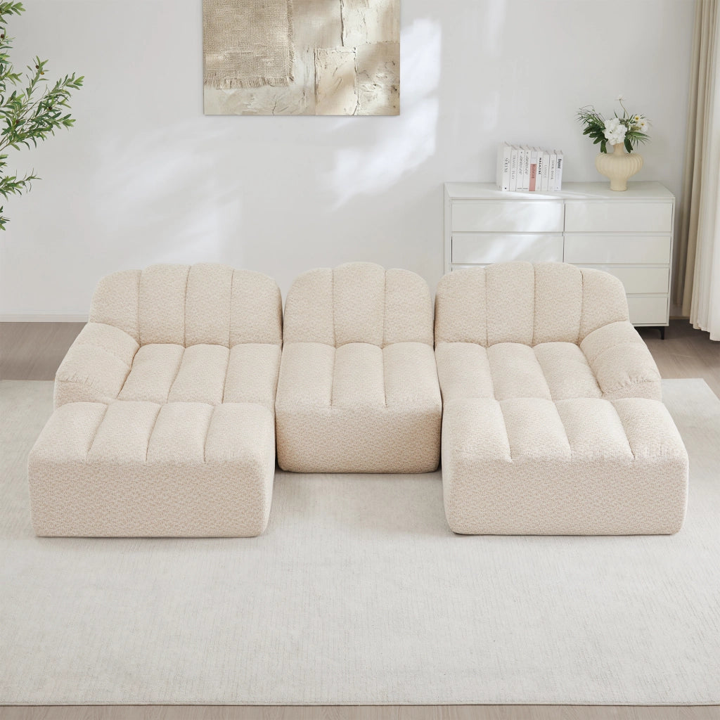 Divano Modulare U 3 Posti con 2 Ottoman ¨C Xylo ¨C Tessuto Morbido Beige, Seduta Profonda