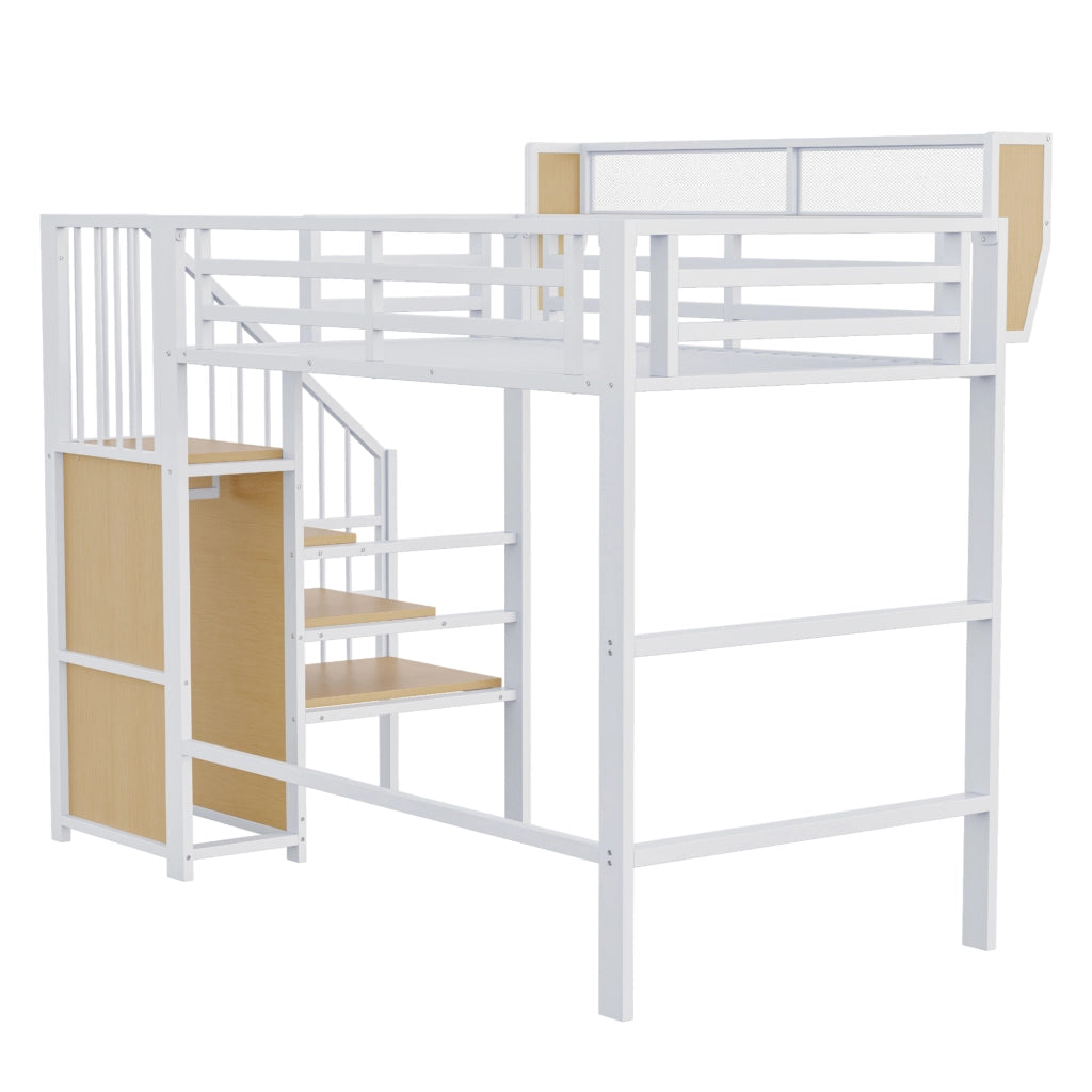 Letto a soppalco 90 × 200 cm 1 posto con scala di sicurezza e mensola regolabile; senza materasso; bianco e nero