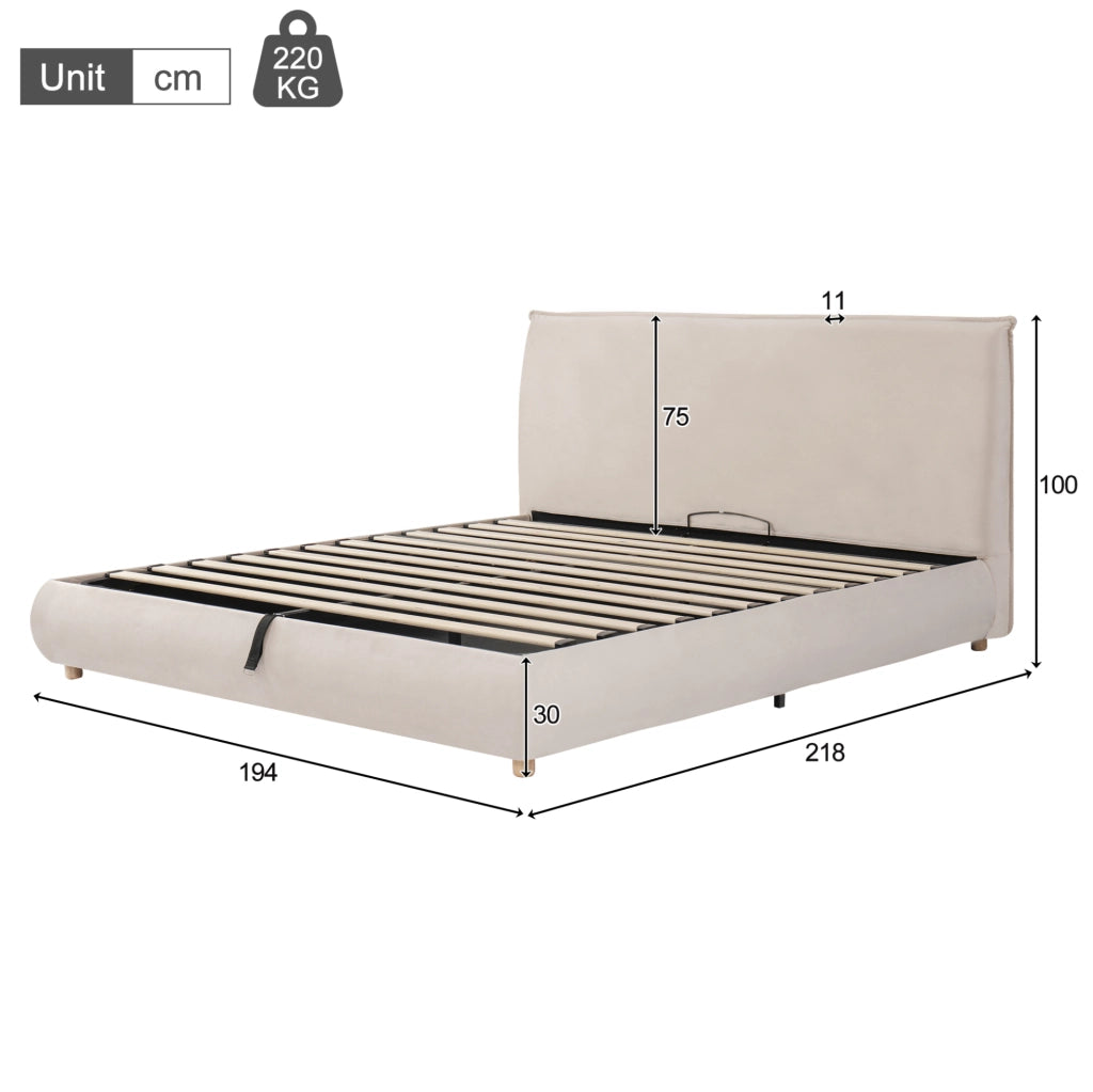 Letto matrimoniale imbottito 180x200 cm con contenitore idraulico, testiera in velluto crema e gambe in legno massello