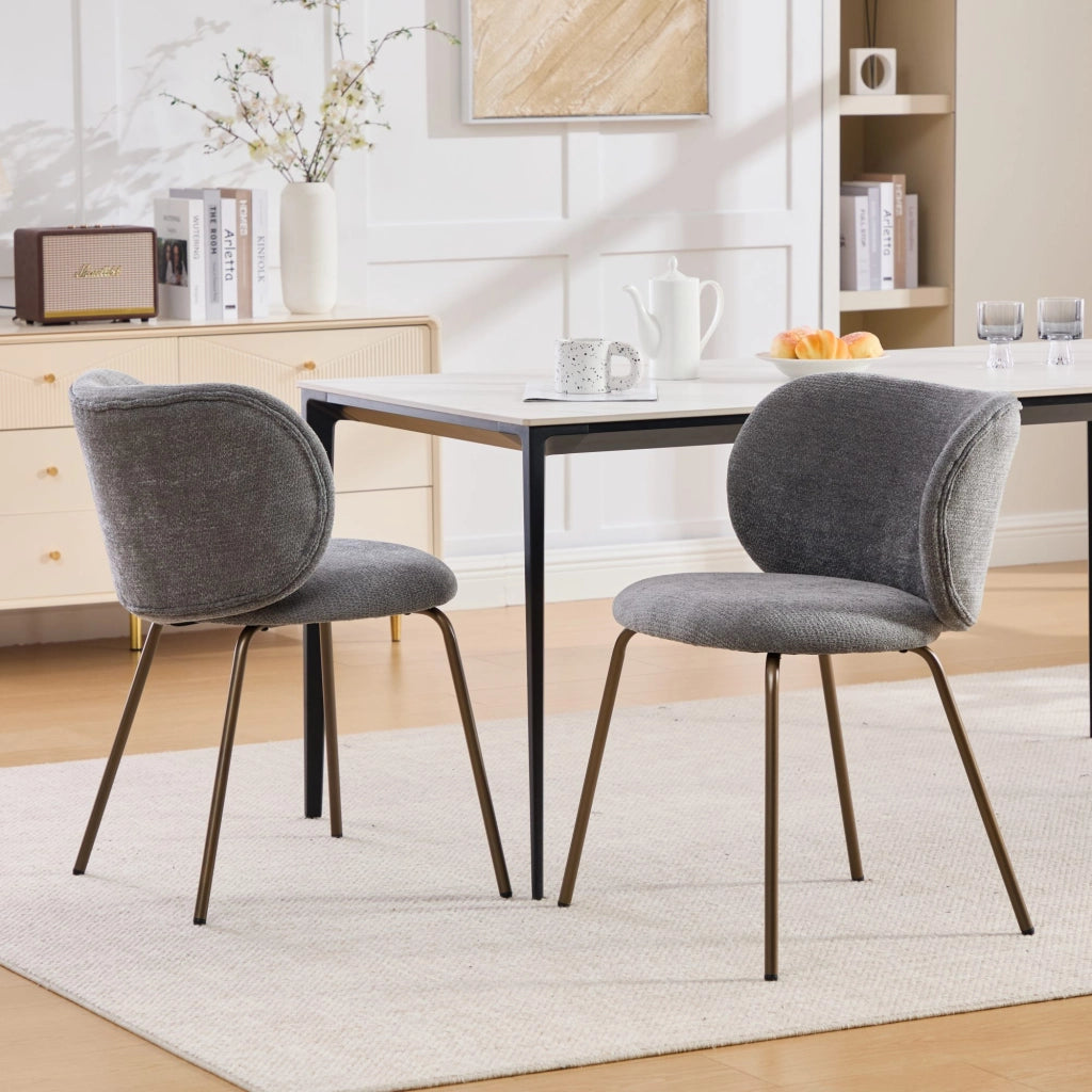 Sedia da pranzo in chenille moderna - Zephmum- Schienale curvo comodo gambe in bronzo, set di 2, grigio