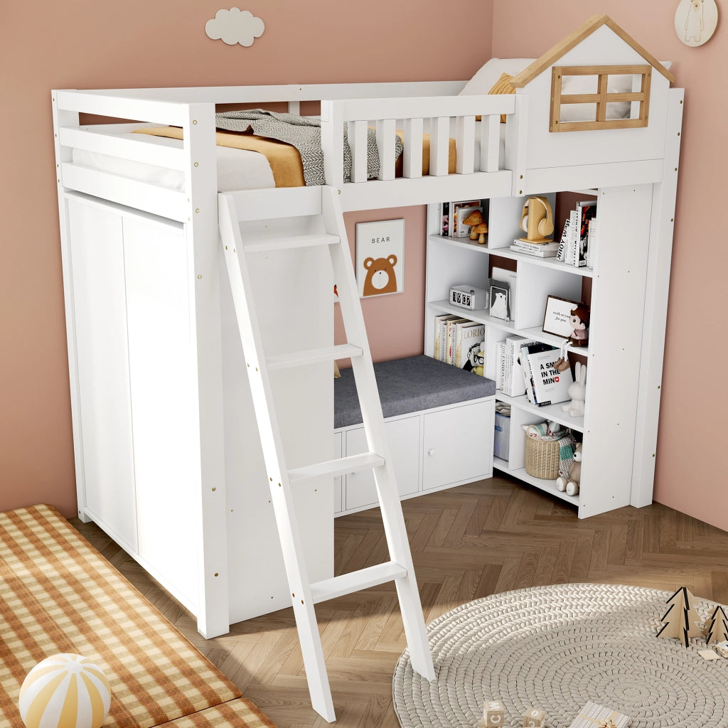 Letto a soppalco per bambini 90 x 200 cm in legno bianco e naturale; casetta con armadio