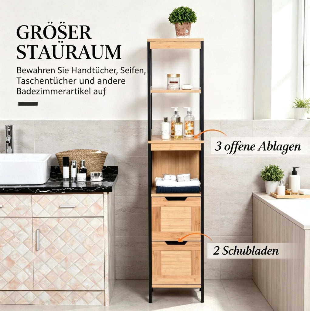 Mobiletto bagno alto in bambù e MDF con 3 ripiani e 2 cassetti, salvaspazio colore naturale e nero, 30x30x144,3 cm