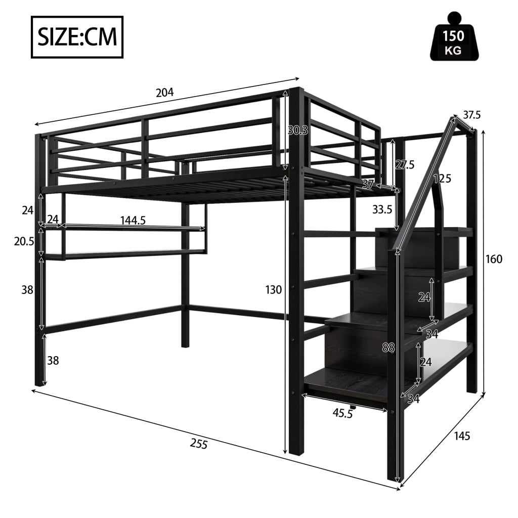 Letto a soppalco 140 × 200 cm con scaffali e scala contenitore in metallo e MDF nero