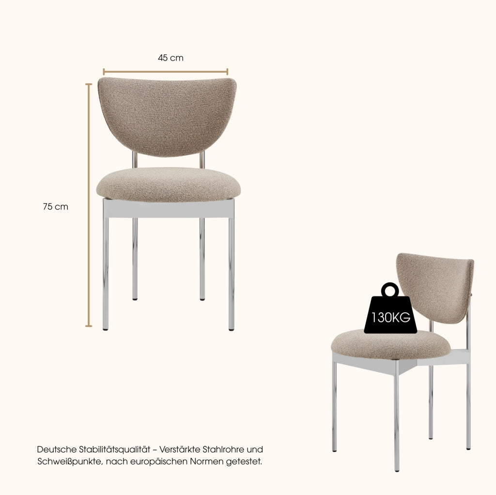 Set di 2 sedie da pranzo in stile scandinavo con struttura in acciaio inox e rivestimento in tessuto, misure compatte 78x60x56 cm, colori Khaki e Crema