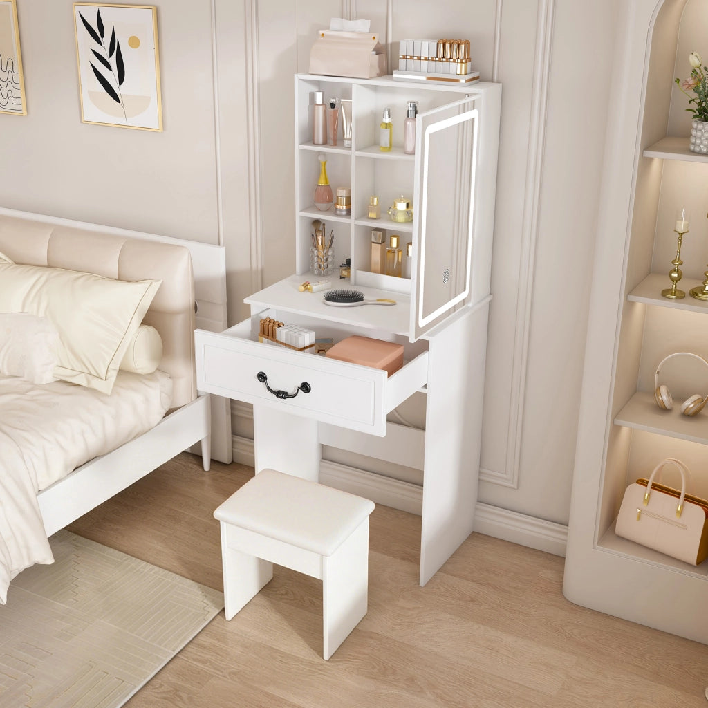 Set da toeletta, specchio con luci a LED, con cassetto, con sgabello imbottito, bianco
